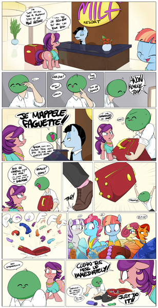 Size: 2000x3890 | Tagged: questionable, artist:shoutingisfun, derpibooru import, edit, posey shy, spoiled rich, stellar flare, twilight velvet, windy whistles, oc, oc:anon, pony, spoiler:s08, a literal bag of dicks, anal beads, awkward, bad dragon, comic, dildo, female, milf, sex toy, varying degrees of want