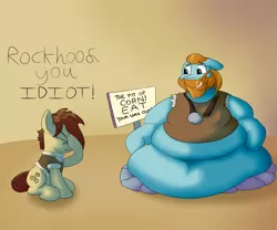 Size: 3000x2500 | Tagged: safe, artist:lupin quill, derpibooru import, rockhoof, steela oresdotter, earth pony, pony, legends of magic, spoiler:comic, spoiler:comiclom2, belly, belly button, bhm, big belly, clothes, corn, dialogue, duo, facehoof, facial hair, fat, female, food, grin, male, mare, morbidly obese, obese, pit of corn, rolls of fat, scene interpretation, sign, smiling, stallion, stuck, stupidity, tight clothing, triskelion, wardrobe malfunction