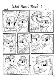 Size: 2550x3506 | Tagged: safe, artist:lupiarts, derpibooru import, oc, oc:daxter, oc:ron nail, unofficial characters only, pegasus, pony, comic:what have i done, black and white, cider, comic, drunk, duo, grayscale, male, monochrome, mug, sad, speech bubble, stallion, traditional art