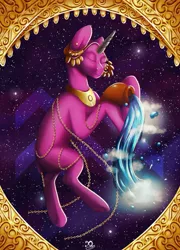 Size: 923x1280 | Tagged: safe, artist:xaneas, derpibooru import, oc, unofficial characters only, pony, unicorn, aquarius, chains, gold, male, solo, space, zodiac