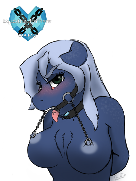 Size: 1500x2000 | Tagged: questionable, artist:polar puff, derpibooru import, oc, oc:blue yonder, anthro, equestria trainers society, angry face, arm behind back, bondage, breasts, chestpussy, collar, crystal heart, drool, female, femsub, gag, mature, nipple chain, nipple clamps, nipples, pinned ears, ring gag, slave, submissive, tongue out