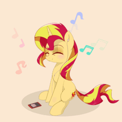 Size: 590x590 | Tagged: safe, artist:puetsua, artist:szafir87, derpibooru import, sunset shimmer, pony, unicorn, animated, blush sticker, blushing, cute, earbuds, eyes closed, female, gif, mare, music notes, party soft, perfect loop, shimmerbetes, simple background, sitting, smiling, solo, szafir87 is trying to murder us, white background