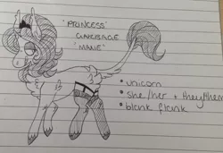 Size: 2389x1637 | Tagged: safe, artist:maximumbark, derpibooru import, oc, oc:princess garbage, unofficial characters only, unicorn, lined paper, monochrome, solo, text, traditional art