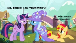 Size: 1600x900 | Tagged: safe, artist:themexicanpunisher, derpibooru import, sunset shimmer, trixie, twilight sparkle, twilight sparkle (alicorn), alicorn, pony, unicorn, blush sticker, blushing, female, implied lesbian, implied shipping, implied sunsetsparkle, lesbian, reference, shipping, star wars, the empire strikes back, trio, twixie, waifu