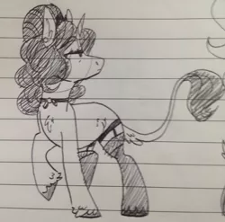 Size: 2412x2382 | Tagged: safe, artist:maximumbark, derpibooru import, oc, oc:princess garbage, unofficial characters only, unicorn, chest fluff, female, ink drawing, leonine tail, lined paper, mare, monochrome, simple background, traditional art