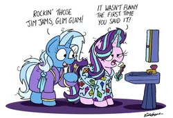 Size: 2353x1608 | Tagged: safe, artist:bobthedalek, derpibooru import, starlight glimmer, trixie, pony, unicorn, bathrobe, bathroom, bed mane, clothes, dialogue, female, glim glam, glim glam's jim jams, mare, morning ponies, open mouth, pajamas, robe, simple background, sink, spikebrush, starlight is not amused, that pony sure does love kites, toothbrush, unamused, white background