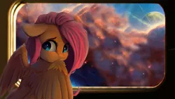 Size: 1920x1080 | Tagged: safe, artist:jengas, artist:miokomata, derpibooru import, edit, fluttershy, pony, cute, female, galaxy, mare, science fiction, shyabetes, solo, space, spaceship, spread wings, treasure planet, window, wings