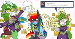 Size: 3069x1584 | Tagged: safe, artist:blackbewhite2k7, derpibooru import, discord, rainbow dash, oc, oc:banana pie, pony, angry, ask, banana, batman, batmare, crossover, firing, food, gun, jokercord, laughing, magic, parody, rain, silly, silly pony, the joker, tumblr, weapon