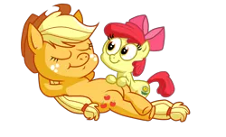 Size: 3000x1818 | Tagged: apple bloom, applejack, arm behind head, armpits, artist:luuandherdraws, derpibooru import, jappleack, .mov, on back, pony.mov, safe, simple background, transparent background