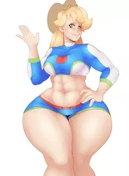 Size: 1381x1877 | Tagged: suggestive, artist:sundown, derpibooru import, applejack, human, equestria girls, equestria girls series, abs, applebucking thighs, applejacked, bikini, breasts, clothes, cowboy hat, equestria girls outfit, extra thicc, female, freckles, hat, humanized, image, impossibly wide hips, jacqueline applebuck, muscles, png, simple background, smiling, solo, solo female, stetson, swimsuit, wide hips