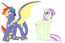 Size: 1500x1000 | Tagged: artist:faith-wolff, colored claws, colored hooves, commission, derpibooru import, dracony, duo, female, half-siblings, hybrid, male, mare, oc, offspring, parent:fluttershy, parent:rainbow dash, parents:flutterspike, parent:spike, parents:rainbowspike, rainbow hair, safe, scales, simple background, spread wings, stallion, unofficial characters only, unshorn fetlocks, white background, wing claws, wings