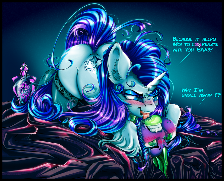 Size: 4000x3234 | Tagged: questionable, artist:dimidiummorsumbra, derpibooru import, rarity, spike, dragon, pony, unicorn, alice in wonderland, bed, bedding, blushing, clothes, dialogue, dragon on pony action, engrish, eyeshadow, female, femdom, foalcon, interspecies, laying on bed, licking, magic potion, makeup, male, malesub, mare, pony on dragon action, shipping, socks, sparity, straight, straight shota, submissive, tattoo, tongue out, tramp stamp