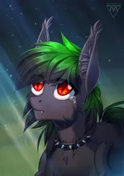 Size: 916x1300 | Tagged: safe, artist:margony, derpibooru import, oc, unofficial characters only, bat pony, pony, vampire, bat pony oc, chest fluff, collar, commission, crying, cute, cute little fangs, ear fluff, fangs, looking up, male, night, sad, signature, solo, stallion, stars, teary eyes