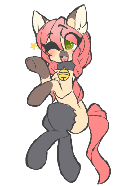 Size: 2000x3000 | Tagged: safe, artist:mimisaurusrex, derpibooru import, oc, oc:koneko, unofficial characters only, cat pony, original species, bell, bell collar, braid, cat socks, chest fluff, clothes, collar, ear fluff, female, hooves up, mare, one eye closed, pigtails, simple background, smiling, socks, solo, stars, thigh highs, transparent background, wingding eyes, wink