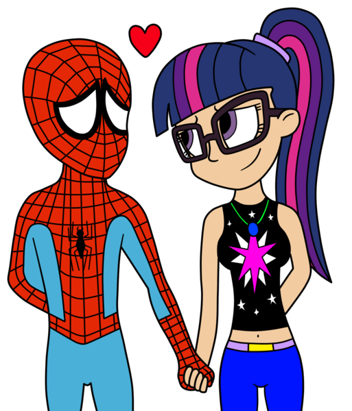 Size: 1115x1305 | Tagged: safe, artist:eagc7, derpibooru import, sci-twi, twilight sparkle, human, equestria girls, belly button, clothes, commission, crossover, crossover shipping, female, heart, holding hands, human coloration, looking at each other, male, marvel, midriff, peter parker, shipping, simple background, sleeveless, spider-man, spidertwi, straight, tanktop, transparent background