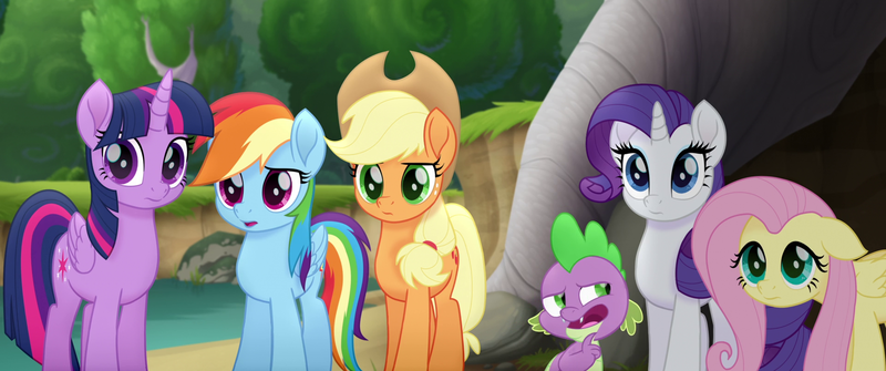 Size: 1920x804 | Tagged: safe, derpibooru import, screencap, applejack, fluttershy, rainbow dash, rarity, spike, twilight sparkle, twilight sparkle (alicorn), alicorn, dragon, earth pony, pegasus, pony, unicorn, my little pony: the movie, faic