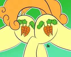 Size: 2000x1600 | Tagged: safe, artist:feralroku, derpibooru import, carrot top, golden harvest, earth pony, pony, ass up, bump bump sugar lump rump, butt only, butt to butt, butt touch, clone, dock, female, goldenbutt, gradient background, mare, plot