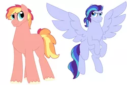Size: 1500x1000 | Tagged: safe, artist:faith-wolff, derpibooru import, oc, unofficial characters only, earth pony, pegasus, pony, commission, duo, flying, magical lesbian spawn, male, offspring, parent:pinkie pie, parent:rainbow dash, parent:starlight glimmer, parent:sunset shimmer, parents:glimmerdash, parents:sunsetpie, simple background, spread wings, stallion, white background, wings