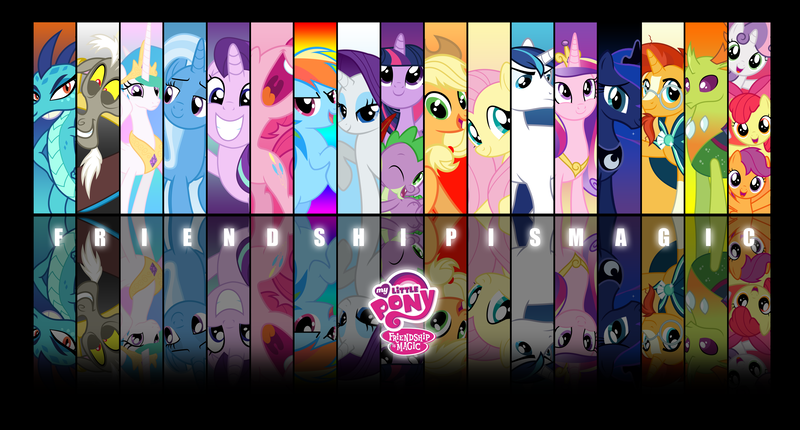 Size: 11331x6094 | Tagged: safe, artist:stay gold, derpibooru import, apple bloom, applejack, discord, fluttershy, pinkie pie, princess cadance, princess celestia, princess ember, princess luna, rainbow dash, rarity, scootaloo, shining armor, spike, starlight glimmer, sunburst, sweetie belle, thorax, trixie, twilight sparkle, twilight sparkle (alicorn), alicorn, changedling, changeling, draconequus, dragon, earth pony, pony, unicorn, absurd resolution, colored, cutie mark crusaders, king thorax, logo, mane seven, mane six, my little pony logo, poster, reflection, text, wallpaper