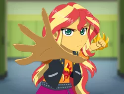 Size: 1844x1412 | Tagged: safe, artist:fantasygerard2000, derpibooru import, sunset shimmer, equestria girls, equestria girls series, forgotten friendship, angry, anime, canterlot high, clothes, fiery shimmer, fist, foreshortening, hallway, imminent punch, jacket, leather jacket, lockers, looking at you, rage, shirt, simple background, skirt, solo, style emulation, vest