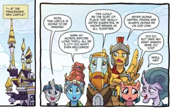 Size: 956x607 | Tagged: safe, artist:tonyfleecs, derpibooru import, idw, flash magnus, meadowbrook, mistmane, rockhoof, somnambula, stygian, earth pony, pegasus, pony, unicorn, legends of magic, spoiler:comic, spoiler:comiclom11, canterlot, canterlot castle, castle