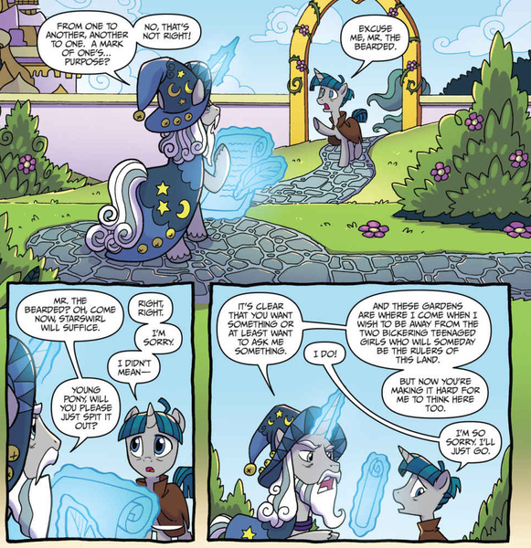 Size: 971x1003 | Tagged: safe, artist:tonyfleecs, derpibooru import, idw, star swirl the bearded, stygian, pony, unicorn, legends of magic, spoiler:comic, spoiler:comiclom11, canterlot, canterlot gardens, continuity, duo, magic, telekinesis