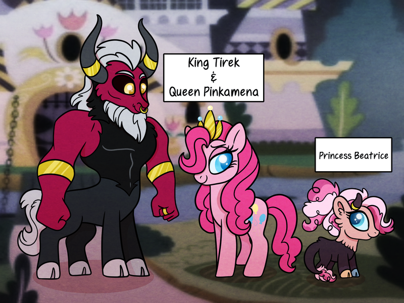 Size: 1600x1200 | Tagged: safe, artist:carouselunique, derpibooru import, lord tirek, pinkie pie, oc, oc:blackberry beatrice pie, centaur, earth pony, hybrid, pony, comic:spiraling together, alternate hairstyle, alternate universe, cloven hooves, crack ship offspring, crack shipping, cute, daddy tirek, female, interspecies offspring, male, mare, nose piercing, nose ring, offspring, parent:lord tirek, parent:pinkie pie, parents:tirekpie, piercing, royal family, royal portrait, shipping, straight, sunjackspiral, text, tirebetes, tirekpie