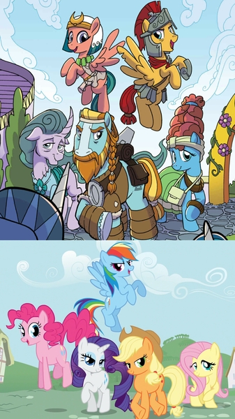 Size: 2048x3642 | Tagged: safe, artist:tonyfleecs, derpibooru import, idw, screencap, applejack, flash magnus, fluttershy, meadowbrook, mistmane, pinkie pie, rainbow dash, rarity, rockhoof, somnambula, star swirl the bearded, stygian, twilight sparkle, earth pony, pegasus, pony, unicorn, legends of magic, spoiler:comic, spoiler:comiclom11, comparison, female, intro, male, mane six, mane six opening poses, mare, pillars of equestria, stallion