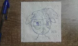Size: 1280x768 | Tagged: safe, artist:badumsquish, derpibooru import, twilight sparkle, pony, unicorn, angry, bust, female, floppy ears, glare, irl, looking at you, mare, no, pen, photo, portrait, solo, table, toilet paper, toilight paper, traditional art, unamused