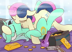 Size: 2250x1622 | Tagged: safe, artist:fearingfun, derpibooru import, bon bon, lyra heartstrings, sweetie drops, earth pony, pony, unicorn, bits, bong, coin, drugs, eyes closed, female, floppy ears, gold, gold ingot, gun, handgun, kissing, lesbian, loot, lyrabon, m1911, mare, marijuana, on back, pistol, shipping, weapon