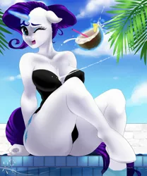 Size: 2250x2700 | Tagged: anthro, artist:kinkypinkie, big breasts, breasts, busty rarity, cleavage, clothes, coconut, derpibooru import, female, food, glowing horn, levitation, magic, nail polish, offscreen character, one-piece swimsuit, poolside, rarity, solo, solo female, suggestive, swimming pool, swimsuit, telekinesis, unguligrade anthro, watergun