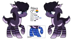 Size: 1024x557 | Tagged: safe, artist:venomns, derpibooru import, oc, oc:prince, unofficial characters only, earth pony, pony, clothes, deer tail, horns, male, reference sheet, simple background, socks, solo, stallion, striped socks, transparent background