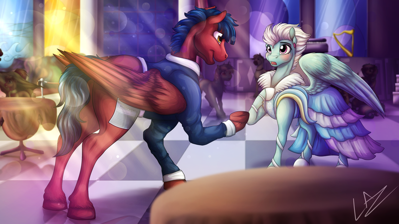 Size: 3840x2160 | Tagged: safe, artist:lupiarts, derpibooru import, fleetfoot, oc, blushing, canon x oc, castle, clothes, commission, dress, female, gala dress, male, offering, open mouth, raised hoof, shipping, signature, straight, underhoof