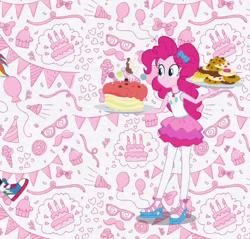Size: 800x765 | Tagged: safe, derpibooru import, screencap, pinkie pie, rainbow dash, equestria girls, equestria girls series, animated, cake, clothes, converse, cookie, cropped, duo, food, intro, pantyhose, ponied up, rekt, shoes, wings