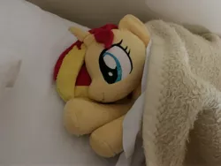 Size: 4032x3024 | Tagged: safe, artist:epicrainbowcrafts, derpibooru import, sunset shimmer, unicorn, bed, blanket, irl, photo, plushie