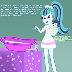 Size: 1280x1280 | Tagged: safe, artist:gamerpen, derpibooru import, blueberry cake, sonata dusk, equestria girls, age regression, angry, baby, bath, diaper, nurse, nurse outfit, poofy diaper, tumblr