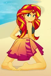 Size: 688x1024 | Tagged: suggestive, artist:rainbownspeedash, derpibooru import, sunset shimmer, equestria girls, equestria girls series, forgotten friendship, barefoot, bikini, black swimsuit, breasts, clothes, feet, female, looking at you, looking back, sarong, solo, solo female, swimsuit