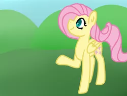 Size: 1600x1200 | Tagged: safe, artist:azure-quill, artist:fluttershydaily, derpibooru import, fluttershy, pony, field, grass, image, png, raised hoof, smiling, solo, wind