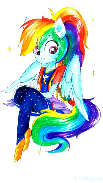 Size: 2322x4128 | Tagged: safe, artist:liaaqila, derpibooru import, rainbow dash, equestria girls, equestria girls series, forgotten friendship, clothes, crossed legs, female, floating, ponied up, simple background, sitting, solo, traditional art, white background