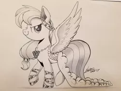 Size: 2048x1536 | Tagged: safe, artist:ncmares, derpibooru import, rainbow dash, pegasus, pony, the best night ever, clothes, costume, dress, ear fluff, gala dress, grayscale, laurel wreath, monochrome, raised hoof, signature, sketch, solo, spread wings, traditional art, wings