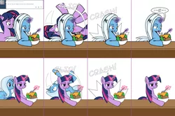 Size: 2412x1604 | Tagged: safe, artist:dekomaru, derpibooru import, trixie, twilight sparkle, pony, tumblr:ask twixie, ask, comic, female, food, ice cream, implied milk, lesbian, magic, revenge, shipping, slipping, tumblr, twixie