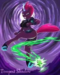 Size: 1649x2048 | Tagged: anthro, armor, artist:wangkingfun, ass, breasts, derpibooru import, female, my little pony: the movie, obsidian orb, sexy, solo, solo female, stupid sexy tempest shadow, suggestive, tempest shadow, unconvincing armor, unguligrade anthro