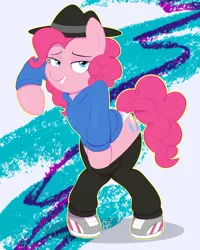 Size: 1600x2000 | Tagged: suggestive, artist:acstlu, derpibooru import, pinkie pie, pony, testing testing 1-2-3, bipedal, clothes, female, hat, mc pinkie, panties, pants, rapper pie, shoes, sneakers, solo, solo female, solo jazz, underwear, undressing, white underwear