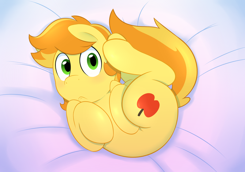 Size: 2000x1400 | Tagged: safe, artist:acstlu, derpibooru import, braeburn, earth pony, pony, bed, blushing, braebetes, curled up, cute, frown, looking at you, male, on back, solo, stallion, stupid sexy braeburn, wide eyes, worried