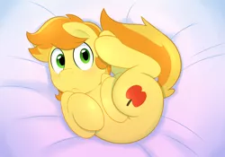 Size: 2000x1400 | Tagged: safe, artist:acstlu, derpibooru import, braeburn, earth pony, pony, bed, blushing, braebetes, curled up, cute, frown, looking at you, male, on back, solo, stallion, stupid sexy braeburn, wide eyes, worried