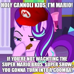 Size: 500x500 | Tagged: safe, derpibooru import, edit, edited screencap, screencap, starlight glimmer, pony, unicorn, no second prances, boop, exploitable meme, facial hair, glimmerposting, hat, image macro, mario, meme, moustache, self-boop, super mario bros., super mario bros. super show