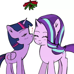 Size: 2399x2386 | Tagged: safe, artist:helsaabi, derpibooru import, starlight glimmer, twilight sparkle, twilight sparkle (alicorn), alicorn, pony, unicorn, duo, eyes closed, female, happy, heart, holly, holly mistaken for mistletoe, kiss on the cheek, kissing, lesbian, mare, shipping, simple background, twistarlight, white background