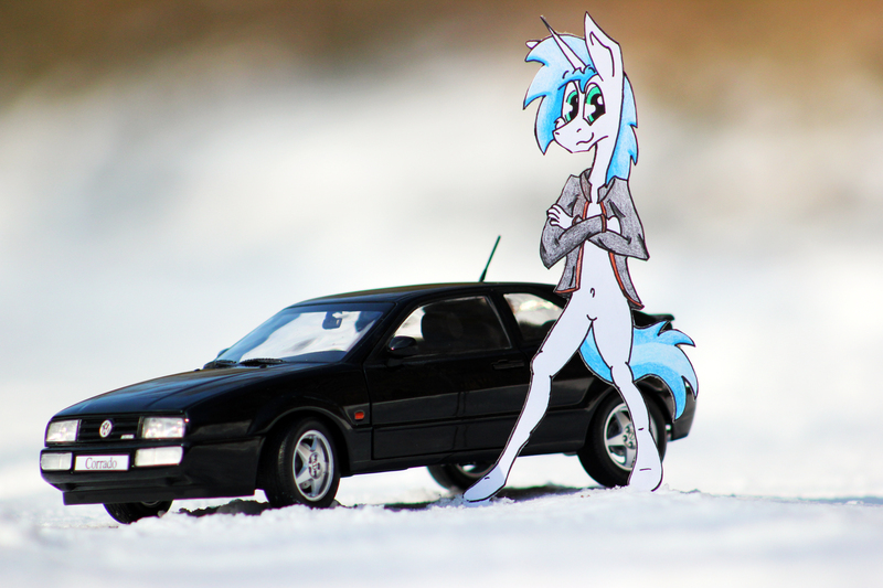 Size: 5184x3456 | Tagged: safe, artist:bumskuchen, derpibooru import, oc, oc:shifting gear, anthro, plantigrade anthro, unicorn, barbie doll anatomy, irl, male, photo, snow, traditional art, vehicle, volkswagen, volkswagen corrado, winter