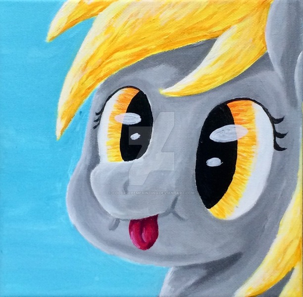 Size: 1024x1004 | Tagged: safe, artist:colorsceempainting, derpibooru import, derpy hooves, pony, :p, big eyes, canvas, cute, paint, painting, silly, silly face, smiling, solo, tongue out, traditional art, watermark