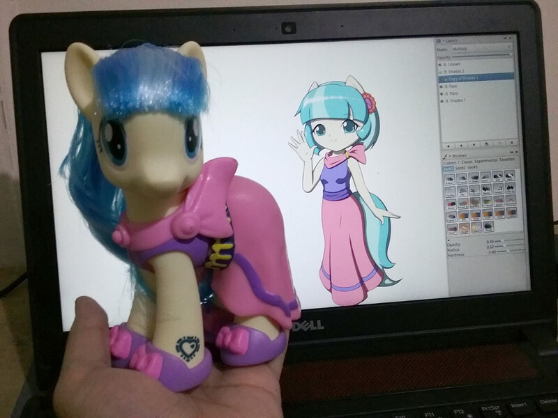 Size: 1000x750 | Tagged: anthro, artist:jdan-s, clothes, coco pommel, computer, dell, derpibooru import, dress, fashion style, hand, human, irl, irl human, laptop computer, mypaint, photo, safe, skirt, toy, toy interpretation